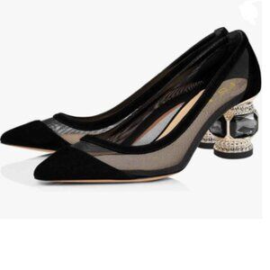 FSJ Black Mesh Pointed Toe Block Low Heel Crystal Slip on Wedding Heel Pumps